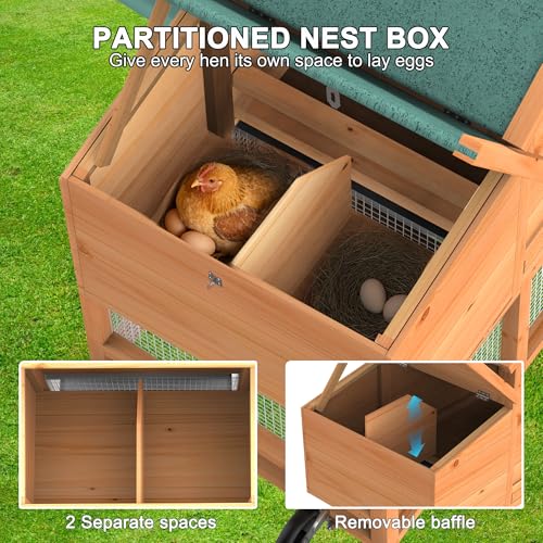 GOJOOASIS Portable Chicken Coop with Wheels & Handrail, Wooden Hen House | Outdoor 83” Predator-Proof Chicken Coop for 2-5 Chickens, Weatherproof Asphalt Top, Removable Tray, Ramp & Nesting Box