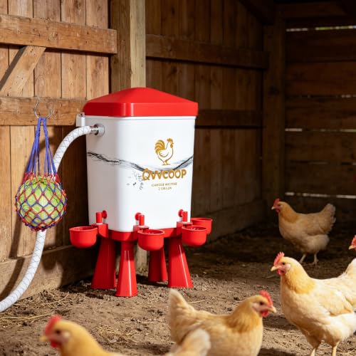 Automatic Chicken Waterer with Float Valve, Elevated Water Dispenser for Chicken, Float Controlled Poultry Watering Supplies, Standing/Hang Use, 3 Gallon, Red - color: Red