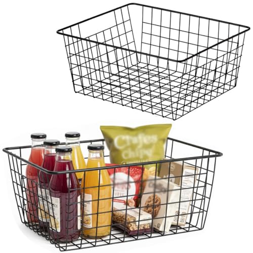 Kitchen Metal Wire Baskets Farmhouse Decor Metal Food Storage Organizer,Household Refrigerator Bin with Built-in Handles for Cabinets,Pantry,Bathroom,Black - color: Black, size: 2 Pack Big