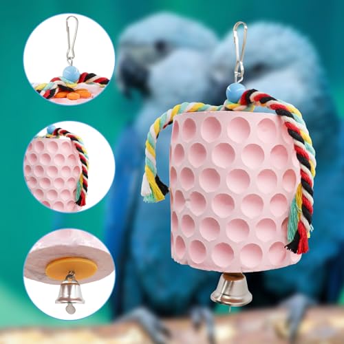 Extra Large Bird Chewing Toy, Parrot Beak Grinding Calcium Stone with Bells, Bird Cage Accessories, Cage Toys for Cockatiel Parakeet Parrot Budgies Rat Hamster Chinchilla Rabbit Bunny African Grey - color: Pink