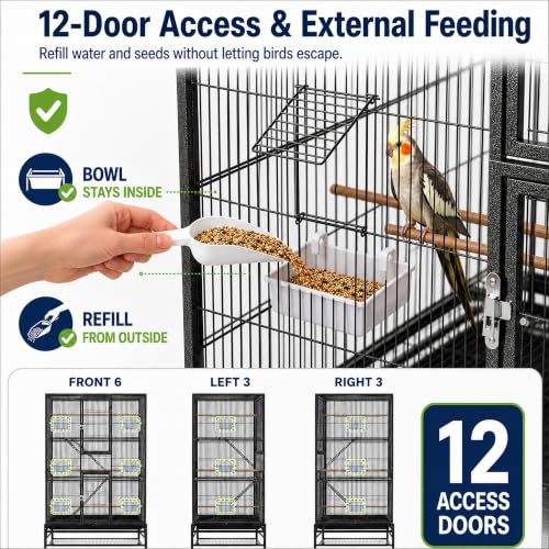 Large Bird Cage & Parakeet Cage, 69" Parrot Flight Cage with Rolling Stand | 0.4" bar spacing, 3-tier aviary, 12 doors, removable mesh shelf, 6 feeders, ideal cockatiel cage & budgie cage
