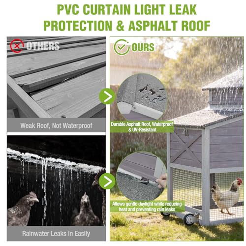 GUTINNEEN Chicken Coop with Wheels for 2-4 Chickens, Large Wooden Outdoor Hen House with Run, Waterproof & UV-Resistant Roof, Removable Leakproof Tray and Divided Nesting Box– Grey - color: (Grey-AIR32)
