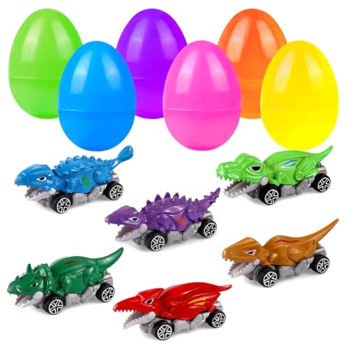 Holydeck 6 Pcs Prefilled Easter Eggs with Metal Dinosaur Car Toys Vehicles Set for Kids Girls Boys Easter Basket Stuffers Party Favors Easter Egg Fillers Hunt