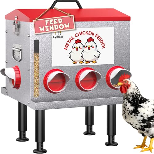 10-Gal Metal Automatic Chicken Feeder with No-Waste Feeding Tray | 55LB Capacity, 8 Feeding Ports, Rust-Proof Alloy Steel, Clear Viewing Window, Height-Adjustable Legs for Chicken Coops - color: Red, size: 10GAL-55LB