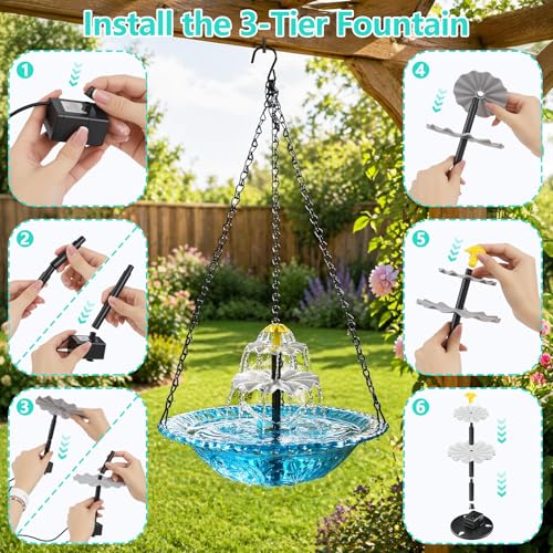 Solar Hanging Bird Bath Fountain, Solar Powered Cascading Water Fountain, Outdoor Hanging Bird Bath with Solar Fountain for Garden, Patio, Backyard