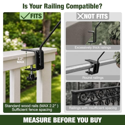 Kingsyard 10 Inch Medium Metal Deck Railing Hook | Heavy Duty, Rust Resistant, for Hanging Bird Feeders Planters Suet Baskets Lanterns Wind Chimes - size: 10" Clamp Mounted