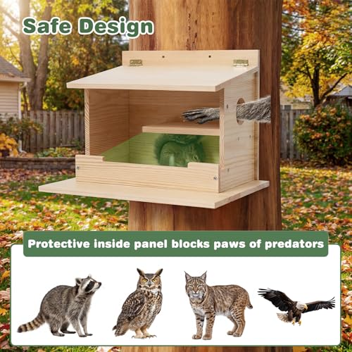 Squirrel House, Squirrel Box, Squirrel Houses for Outside, Squirrel Boxes with Front Feeder, Nesting Box, Wooden Houses with Predator Guard Design for Squirrels, Chipmunk and Small Animals