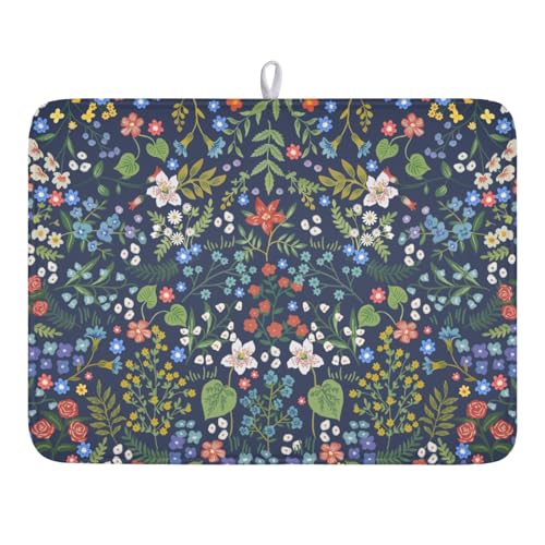 Flower Floral Dish Drying Mat 18x24 inch Microfiber Navy Blue Drying Mats with Hanging Loop Absorbent Green Leaves Dish Drainer Mat Reversible Flowers Drying Pad for Kitchen Counter Sink - color: Colored Flower, size: 24" x 18"