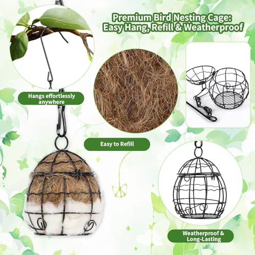 2Pcs Bird Nesting Material Holders with Natural Mixing Cotton Materia for Wild Birds Nesting Station, Refillable Hummingbird Nesting Material Cage Holder for Bird Lover Hummingbird House Material