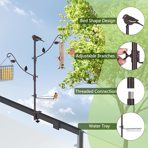 YINGYM Deck Bird Feeder Pole with Bird Bath, Two Adjustable Branches | 42 Inch Porch Multi-Hook Bird Feeder Hanging Kit for Outside Bird Feeder and Plant Hangers - size: 42 Inches without Squirrel Baffle