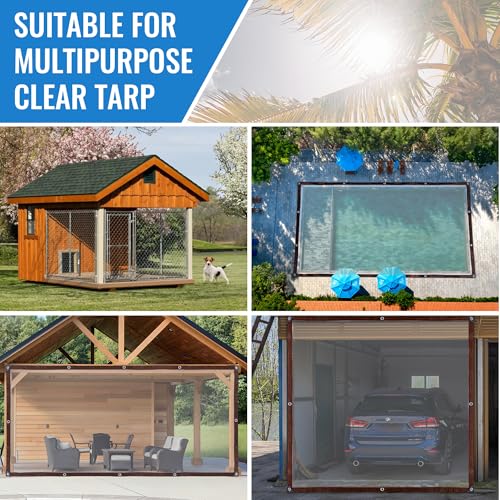 6.5 x 10 FT Clear Thicken Waterproof Tarp, Rainproof Covering, Heavy Duty Anti Tear Tarp with Grommets, Windproof and Snowproof Poly Tarpaulin for Patio, Plants, Henhouse, Garden, Porch - size: 6.5 x 10 FT