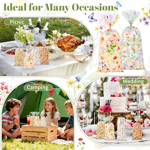 QOIUSO 50 PCS Wildflower Party Cellophane Treat Bags - 4.9 x 10.8 Inch Plastic Floral Party Favor Bags with Twist Ties - Clear Candy & Cookie Gift Bags for Baby Shower, Bridal, Wedding, Birthday - color: Wildflower-50pcs