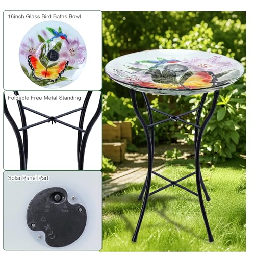 MUMTOP Outdoor Glass Bird Bath Solar Birdbath with Metal Stand Garden Decor | 20" H 16" D Garden Hummingbird Butterfly Large Glass BirdBaths Bird Feeder Bowl with Solar Light for Lawn Yard Garden Decor - color: Orange-Green
