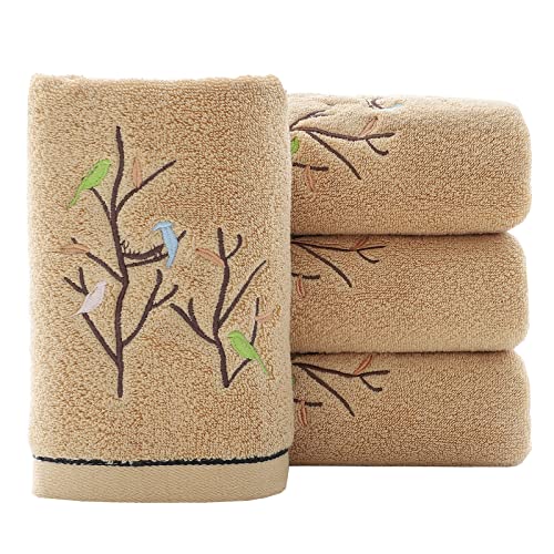 Hand Towels Set of 4 Embroidered Bird Tree Pattern 100% Cotton Absorbent Soft Decorative Towel for Bathroom (Brown) - color: 4 Brown, size: 13.8 x 29.5