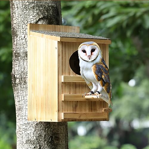 Owl Houses for Outdoors, Prebuilt Outdoor Nesting Box for Owls,Waterproof | Easy-clean access with asphalt roof, screws and wood shavings included, Ideal for Owls, Wildlife, Garden Decoration