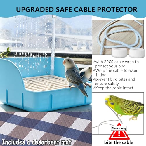kathson Automatic Parakeet Bird Bath with Pump,Parrot Shower Bathtub (Blue) | Circulating Water System Large Bird Fountain Bath Bathing Tub for Budgie Cockatiel Lovebird Conure - color: Blue