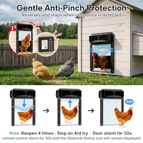 Automatic Chicken Coop Door with Remote Display, Solar Powered Roll-up Chicken Door, 393ft Long-Range Wireless Monitor, Anti-Pinch Auto Coop Door, Predator Protection Motion Sensor, No WiFi Needed