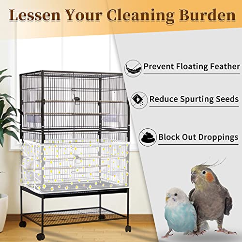 Daoeny Large Bird Cage Cover, Bird Cage Seed Catcher, Adjustable Soft Nylon Mesh Net with Daisy Pattern, Birdcage Cover Skirt Seed Guard for Parrot Parakeet Macaw Round Square Cages (White) - color: White, Daisy Design