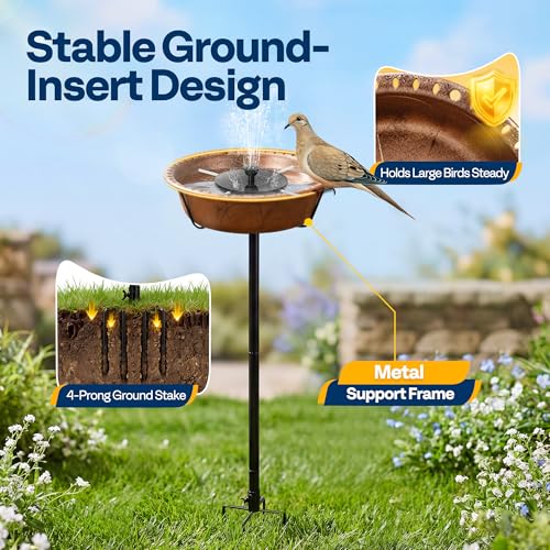VIVOHOME Bird Bath with Solar Fountain and Metal Ground Stake, Bronze | Solar Powered Pump, Weather-Resistant ABS, 1.45-Gallon Capacity, for Outdoor/Garden, Bird-Friendly, Easy to Clean - color: Bronze, size: Birdbath with Fountain