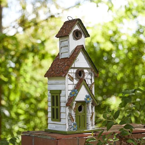 Glitzhome Hanging Birdhouse for Outdoors, 20" H Distressed Cottage Painted Wooden Bird House 3-Story Villa Rustic Large Bird House for Bluebird Wren Chickadee Sparrow Bird - color: White and Green