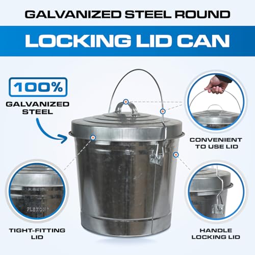 Plexon 6 Gallon Small Metal Trash Can with Locking Lid Galvanized Metal Bucket with Lid for Poultry Feed Bird Seed Storage Ash Outdoor Garbage Trash Bin 2 Pack