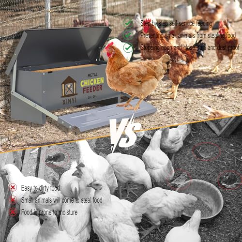 XINYI Chicken Treadle Feeder,25 Lbs Metal Treadle Feeder, No Waste & Rodent Proof Chicken Feeder with Weatherproof Lid, Suitable for Bantams, Poultry, Pheasants - 3.4Gallon Capacity - size: 3.4Gal