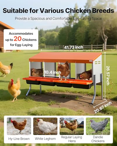 VEVOR Chicken Nesting Boxes, 4 Compartments, with Support Legs, Easy Egg Collection, Galvanized Steel and High-Strength Plastic, Roll Away Nesting Boxes for Chickens and Hens Laying Eggs, Orange - size: 41.7"L x 20.7"W x 26.6"H