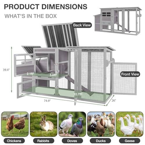 75" Large Chicken Coop with Run, Mobile Wooden Poultry Cage on Wheels, Sectionable Nesting Box, Weatherproof Roof, Easy Cleaning Tray for 3-6 Chickens, Easy Assembly - color: Grey (AIR31)
