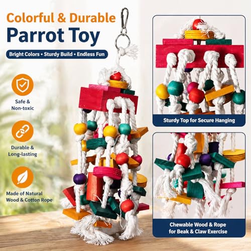 Rypet Large Parrot Cage Toy, Wood Rope Bite Toy for Cockatiels Conures | Natural Wood Blocks, Durable Rope, Cotton Knots for Chewing, Hanging Play for Large Birds - color: Colorful1