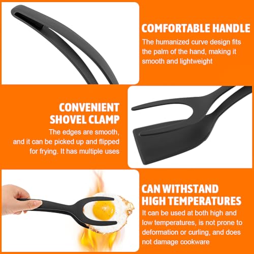 2 in 1 Egg Flipper Spatula, Non-Stick Grip and Flip Spatula Tongs for Pancakes, Omelets, Fish, Eggs, Burgers, Steaks, Heat Resistant Cooking Tool for Kitchen use (Black+Grey) - color: Black+Grey