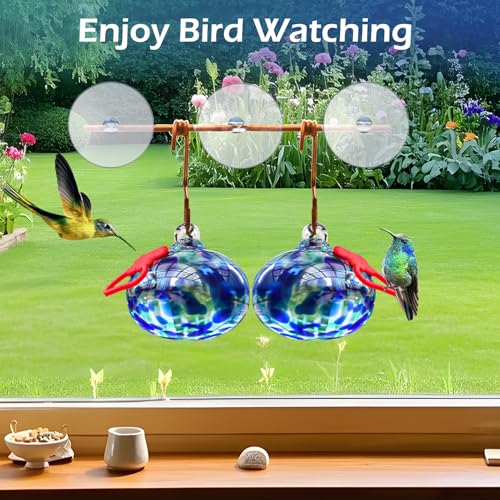 Pozfun Set of 2 Hummingbird Feeders for Outdoors Hanging,Hand-Blown Glass Hummingbird Feeder with Silicone Feeding Perch,Never Leak,Gardening Gifts for Woman Man(Red) - color: Dark Blue