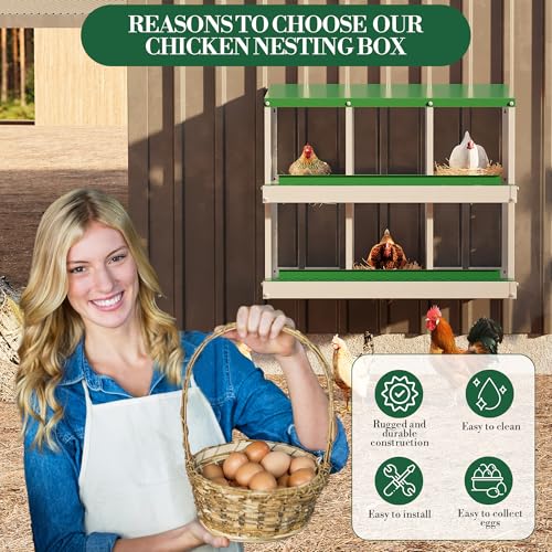 Galvanized Steel Chicken Nesting Box 6 Grids, Metal Egg Laying Boxes for Hens with Hinged Lid and Ventilated Design, Easy Clean Poultry Nest Box for Chicken Coop Accessories, Green, No Legs - color: Green, size: 6 Holes no Legs