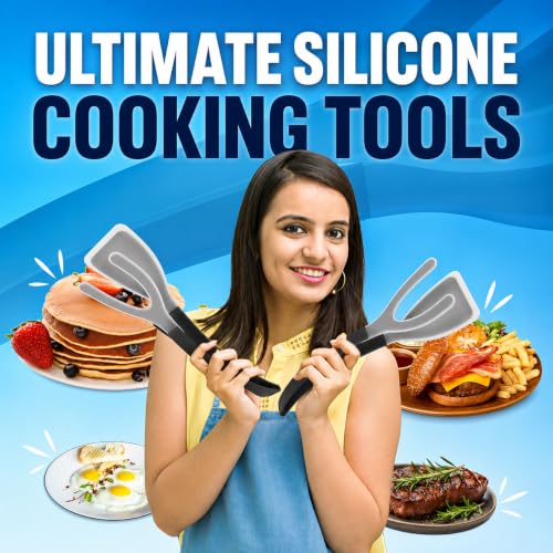 Silicone Egg Flipper Spatula Tongs (Set of 1) – Non-Stick 2-in-1 Grip & Flip Kitchen Tongs for Pancakes, Fish, Eggs, and More – Heat Resistant Cooking Tool (Black) - color: Black