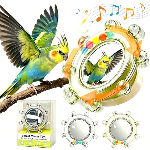 2Pcs Bird Mirror Toys with HD Mirror & Spinner Rattle, Rotating Budgie Enrichment Toy with Rustling Beads, Safe Smooth Edge Bird Cage Toy, Flexible Mounting for Parakeet, Cockatiel & All Small Birds