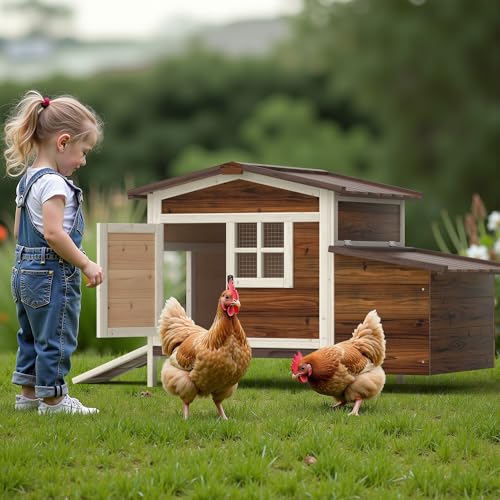GOJOOASIS Chicken Coop for 2 Chickens Raised House with Ramp & Nesting Box | Outdoor Wooden Hen House for Small Animals, Backyard Chicken Hutch Poultry Cage, Waterproof Roof, Easy-Clean Tray, Brown - color: Brown