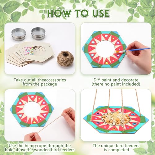 CroBlissful 12 Pack Bird Feeder Craft Kits for Kids DIY Your Own Bird Feeders with Paint and Paintbrushes Wooden Arts and Crafts for Kid Ornaments to Paint Feeders Craft for Garden (Hexagon) - style: Hexagon