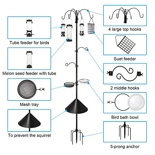 6-Hook Bird Feeding Station with Squirrel Baffle, 94 Inch | Multi-Feeder Kit Stand Pole for outdoors with 4 Bird Feeders, Bath Bowl, Mesh Tray for Attracting Wild Birds