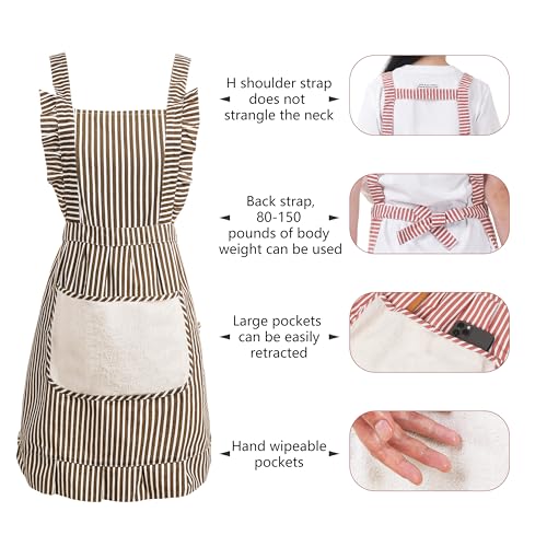 Cute Cotton Apron for Women, Adjustable Bib Cooking Kitchen Aprons with Pockets for BBQ Drawing Baking - color: Brown