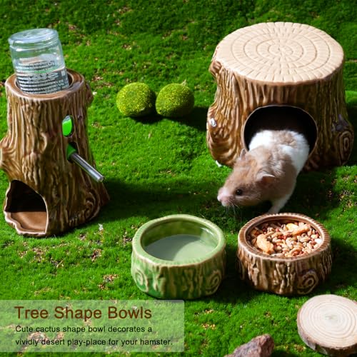2 Pack Ceramic Hamster Food Bowl Anti-Tip Chew-Proof Water Dish | Tree Shape Bowl Easy to Clean & Heavy Duty Feeding Drinking Guinea Pig Bowl for Syrian Gerbil Mouse Chinchilla Hedgehog