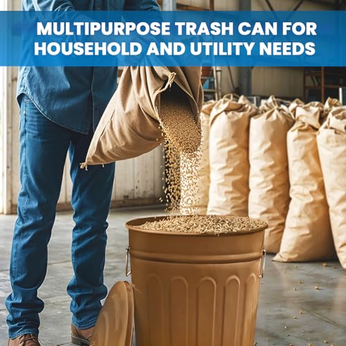 Plexon 13 Gallon Metal Trash Can with Lid Outdoor Vintage Trash Can Steel Retro Garbage Can for Kitchen Farmhouse Rustic Bird Seed Storage Pet Food Cute Bucket, Brown - color: Brown