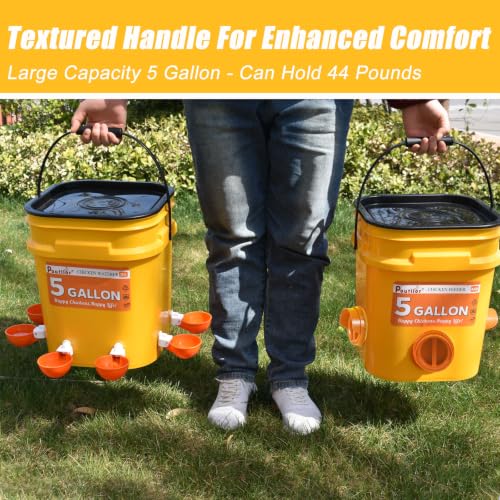 5 Gallon/44 Lbs Automatic Chicken Feeder & Waterer Set with Buckets, No Waste Feeder Port & Waterer Cup, Rain Proof Poultry Feeders, Keeps Out Small Animals, Ideal for Duck, Chick & Turkey