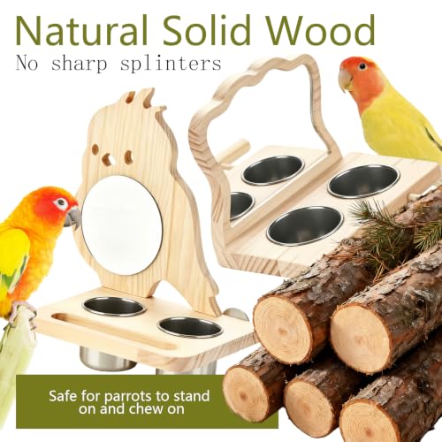 Parrot Bird Perch with Mirror and Stainless Steel Feeding Cups | Bird Perch Platform Toy，Wooden Play & Exercise Gym Stand, Cage Accessory for Cockatoos,Lovebirds,Budgies,Pacific Parrotlets A - color: C