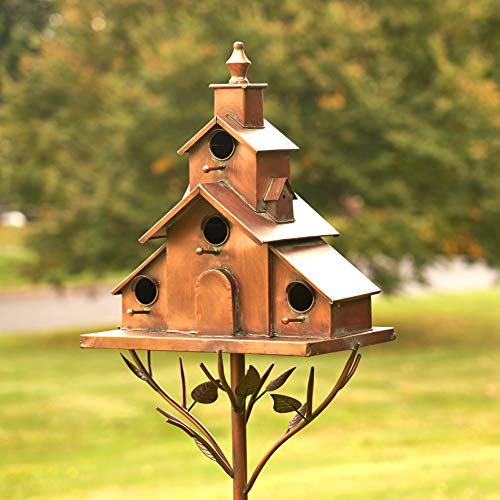 Large Copper Colored Multi-Birdhouse Stakes, Room for 4 Bird Families in Each (Church Style with Cascading Roof) - style: Church Style with Cascading Roof