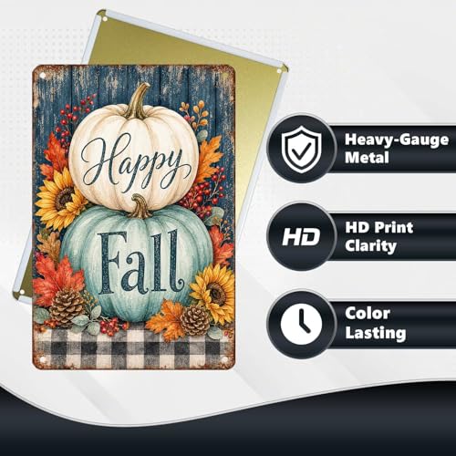 Happy Fall Teal White Pumpkin Pinecone Tin Sign Rustic Buffalo Plaid Wall Art for Entryway Kitchen Dining Room Living Room and Farmhouse Home Decor 12 * 8In - color: Vintage Thanksgiving Tin Sign 14, size: 20X30cm(12*8in)