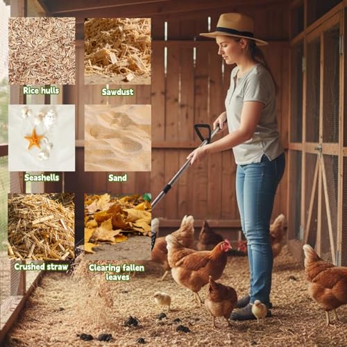 12 Inch Chicken Poop Scooper & Rake 2-in-1,5 Adjustable Levels 24.4" to 77.2" Chicken Coop Scooper for Cleaning,Shovel Metal Head, Chicken Coop Rake and Scoop with Handle,Stainless Steel