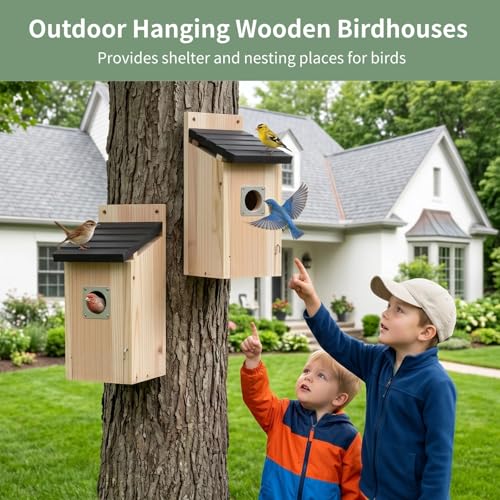 2 Pcs Bird Box Houses for Outside, 11.81 x 4.92 x 4.92 in Outdoor Hanging Wooden Birdhouses for Bluebirds, Unstained Natural Wood, 1.5 in Entry Hole, Sloped Roof, Bird Box for Wren, Finch, Swallow
