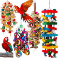 Soulchen 4 Pcs Extra Large Bird Parrot Toy Set Natural Wooden Chewing Toy, Rattan Ball, Wood Nut Loofah String (Bagged) for Large Medium Macaws, African Grey, Parrots (Wooden Block) - style: Wooden Block