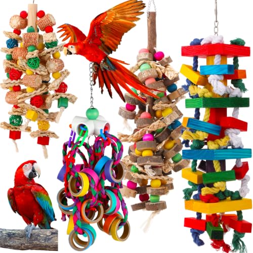 Soulchen 4 Pcs Extra Large Bird Parrot Toy Set Natural Wooden Chewing Toy, Rattan Ball, Wood Nut Loofah String (Bagged) for Large Medium Macaws, African Grey, Parrots (Wooden Block) - style: Wooden Block