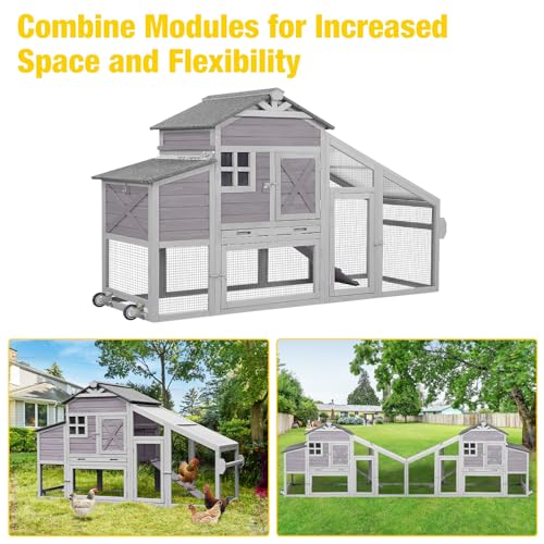 AIVITUVIN Chicken Coop with Nesting Box Mobile Chicken House on Wheels for 2-4 Chickens Rabbit Hutch Pull-Out Tray Wooden Poultry Cage - color: Grey