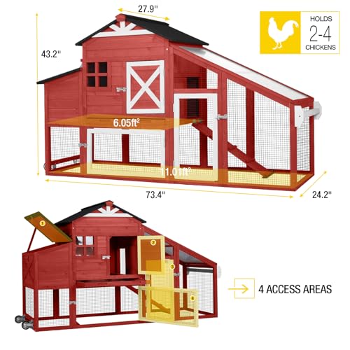 AIVITUVIN Chicken Coop with Nesting Box Mobile Chicken House on Wheels for 2-4 Chickens Rabbit Hutch Pull-Out Tray Wooden Poultry Cage Red - color: Red